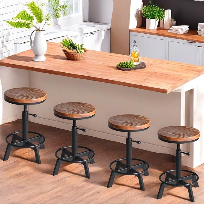 Set of 2-Industrial Bar Stool-Counter Height Chairs- Swivel Wooden Seat- Adjustable 17.7-24inch