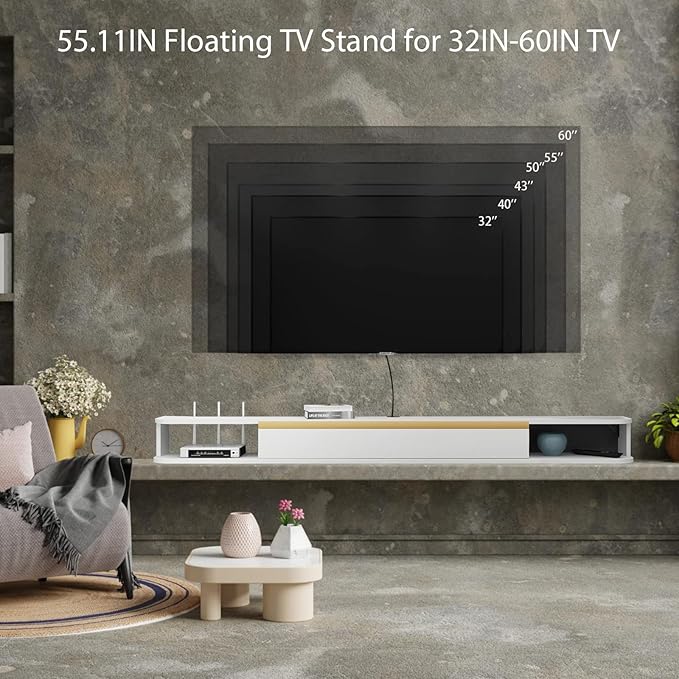 Floating TV Stand, 55'' Wall Mounted Entertainment Center TV Media Console, Floating Shelves with Door, Floating TV Cabinet Large Storage TV Bench for Living Room (White, 55.11IN)