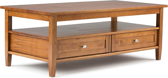 SIMPLIHOME Warm Shaker Coffee Table - 48 inch Wide Solid Wood Cocktail Table in Light Golden Brown, Transitional Living Room Table with 2 Storage Drawers and Open Shelf for Sitting Area or Lounge