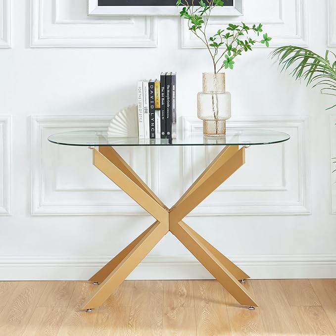 Gold Glass Oval Console Table, Modern Style Entryway Hallway Narrow Sofa Table, Entrance for Entryway, Living Room, Foyer, Hallway, Office， 45" Lx18 Wx30 H Gold