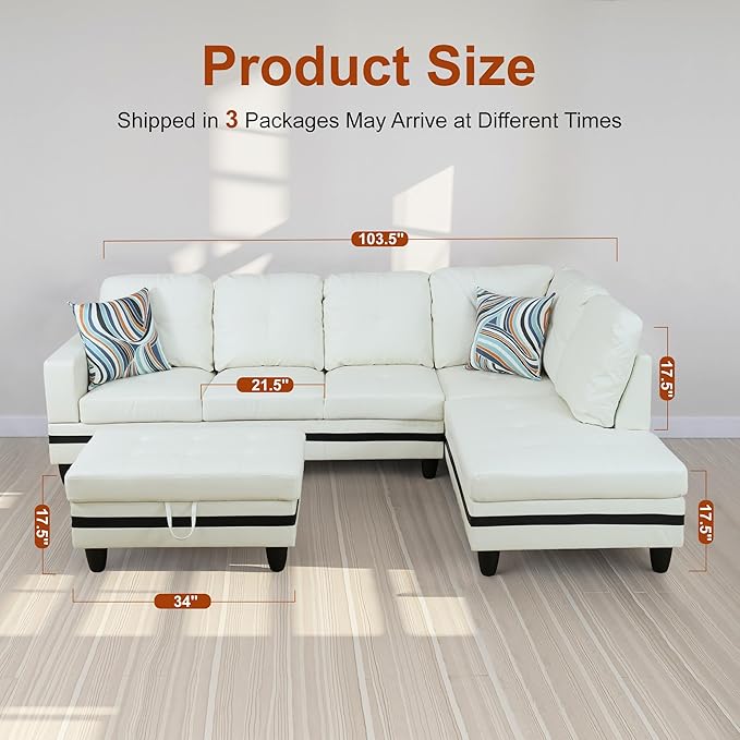 Osparple L Shaped Couch PU Leather Sectional Couch Upholstered 3 Pieces Sofas for Living Room with Chaise, Ottoman with Storage for Office and Small Apartment, Black and White