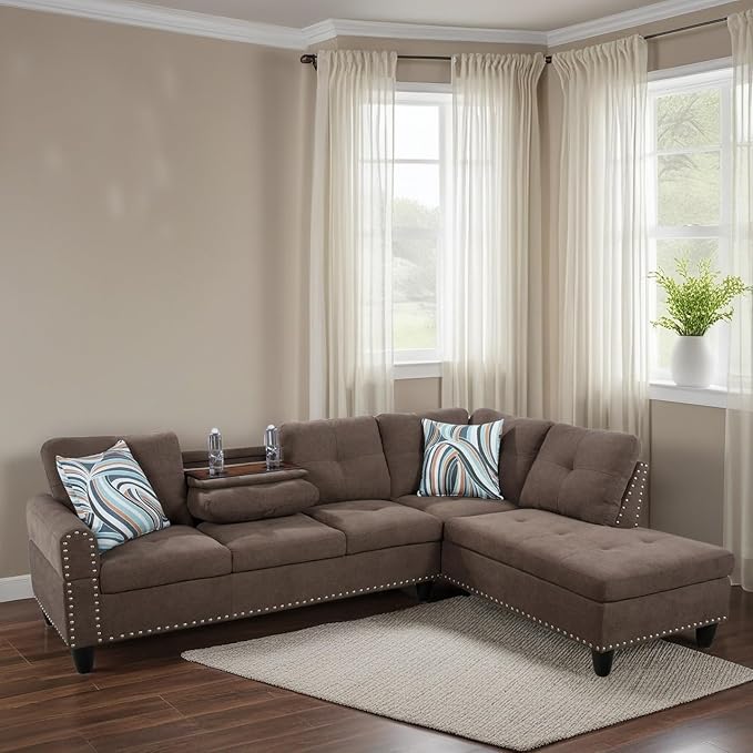 L-Shaped Sectional Sofa, Modern Sectional Couches Home Sofas for Living Room with Movable Chaise, Modular Living Room Sets Furniture for Apartment Bedroom & Office, Brown