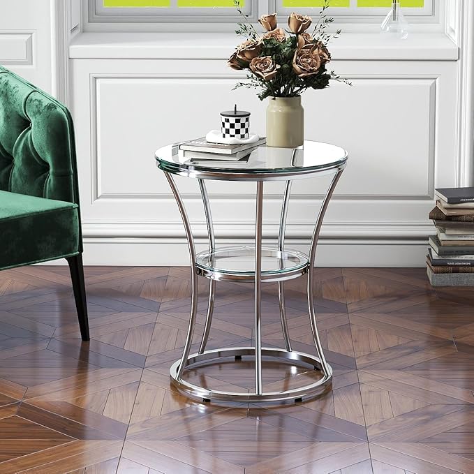 O&K FURNITURE Round End Table with Tempered Glass, Small Silver Side Table for Small Spaces, Nightstand with Shelf for Living Room, Bedroom, Office,Chrome Finish, 1 PC