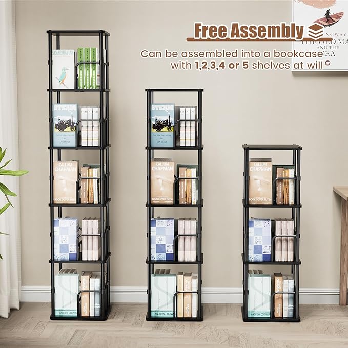 5 Tier Square Rotating Bookshelf, 360 ° Display Stackable Spinning Bookshelf Tower, Space Saving Tall Floor Standing Swivel Bookcase Corner Storage Organizer for Living Room, Black, Small Size
