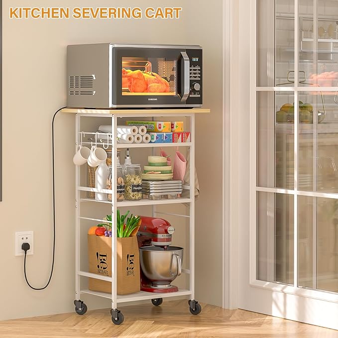 Rolling Kitchen Microwave Cart, 4 Tier Microwave Table Stand with Storage, Kitchen Storage Rack on Wheels, Coffee Station Cart Rack Shelf Organizer for Living Room Office, Balcony