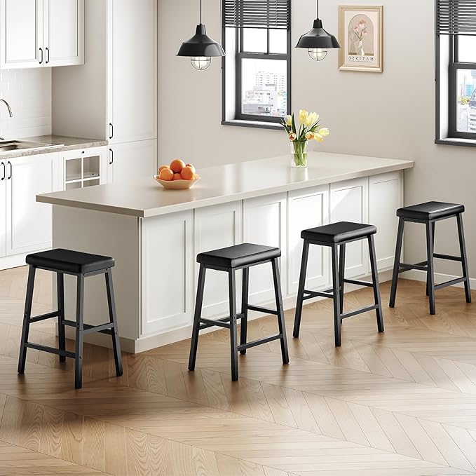 HOOBRO Bar Stools, 24" Set of 2 Bar Chairs, PU Leather Upholstered Breakfast Stools, Easy Assembly, Suitable for Kitchen, Bar, Dining Room, Black BB01MD01