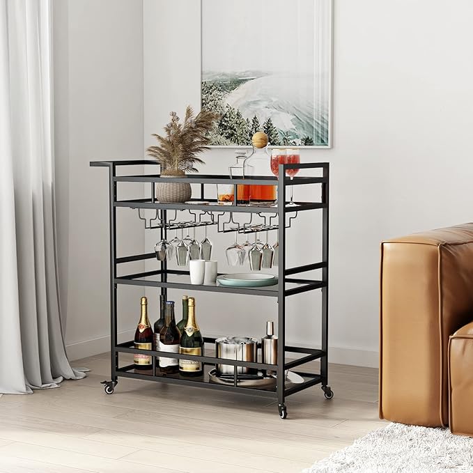 Black Metal Bar Carts with 3 Tier Glass Shelves, Rolling Serving Bar Cart with Wine Rack and Glass Holder, Industrial Bar Carts & Wine Carts on Wheels for Kitchen, Indoor & Outdoor