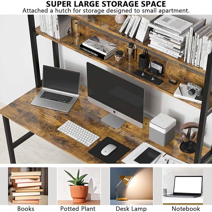 Aquzee Computer Desk with Hutch Bookshelves, 55 Inch Home Office Writing Desk with Space Saving Design, Gaming Table Organized Desk with Storage Shelves Bookshelf Easy Assemble, Rustic Brown