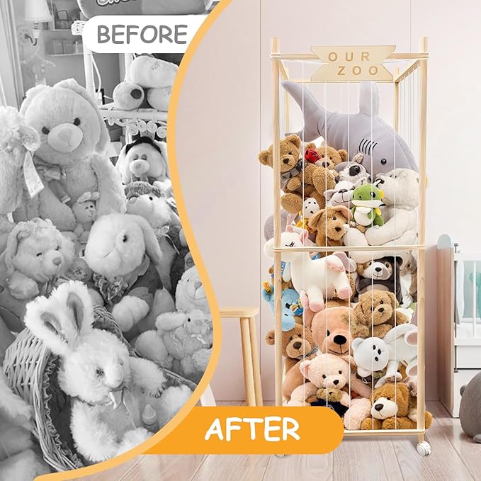Stuffed Animal Storage Zoo with Wheels, Wooden Large Stuff Animals Plushies Holder Toy Organizer Kids Plush Storage Cage with Elastic Band and Net for Nursery Playroom Corner for Toddler
