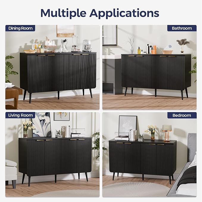 47.2" Buffet Cabinet with 4 Doors, Accent Sideboard Cabinet with Adjustable Shelf, Dining Room Sideboard with Waveform Panel, Credenzas for Living Room, Hallway, Black