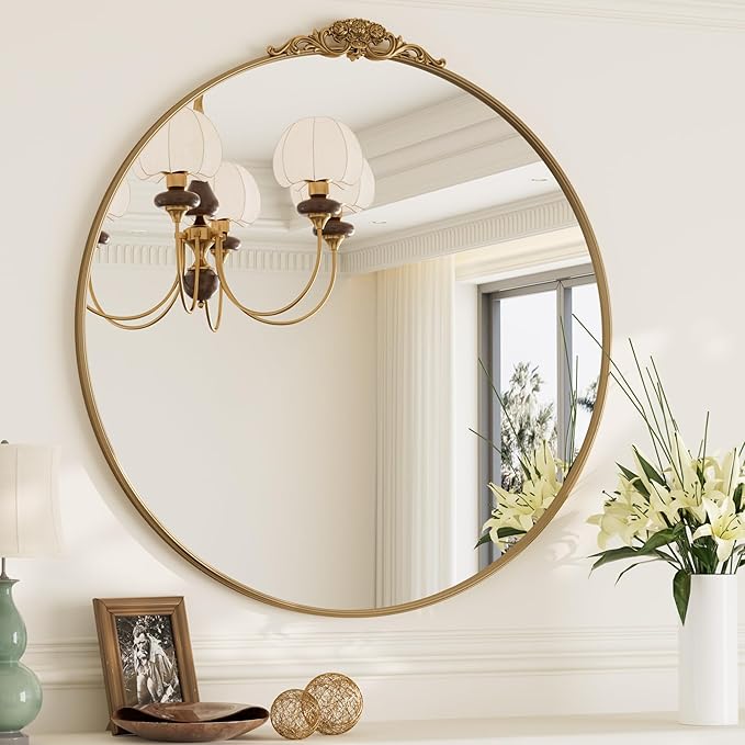 TokeShimi 36x36 Vintage Round Mirror for Wall,Metal Frame,Antique Mirror for Entryway,Hallway,Mantel,Wall-Mounted French Cleat Mounting