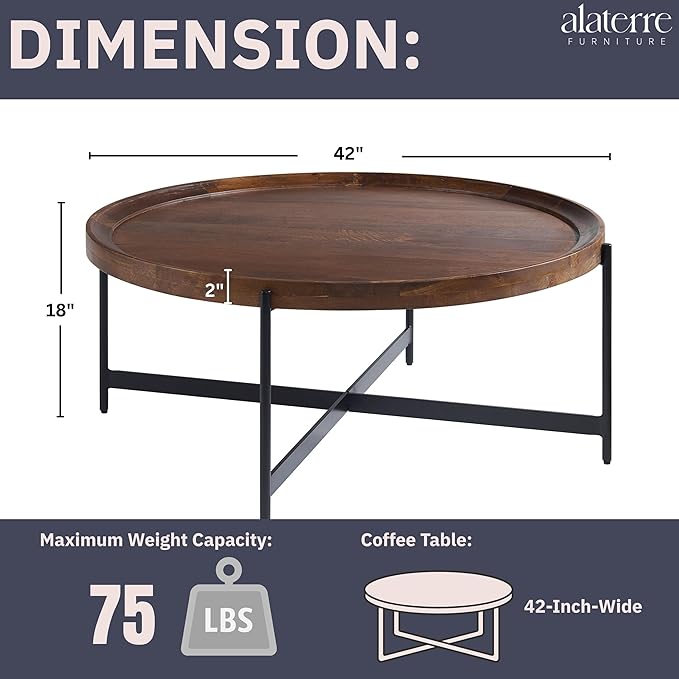 Brookline Solid Acacia Wood 42-Inch Round Coffee Table with Black Powder-Coated Metal Legs – Rustic Industrial Modern Farmhouse Living Room Furniture by Alaterre