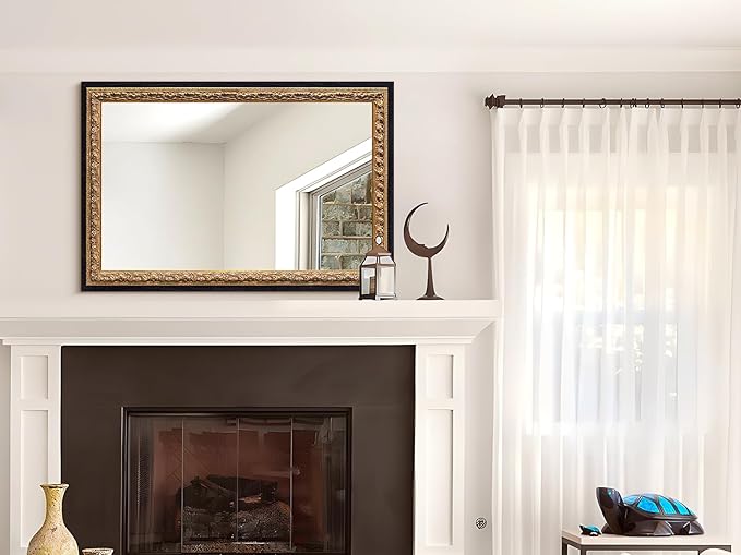 Vintage Gold Mirror 36”x24”, Black Decorative Mirror for Vanity with Gold Foil Carvings Solid Wooden Frame, Antique Handmade Aging, for Luxe Living Room, Entryway, Bathroom and Bedroom