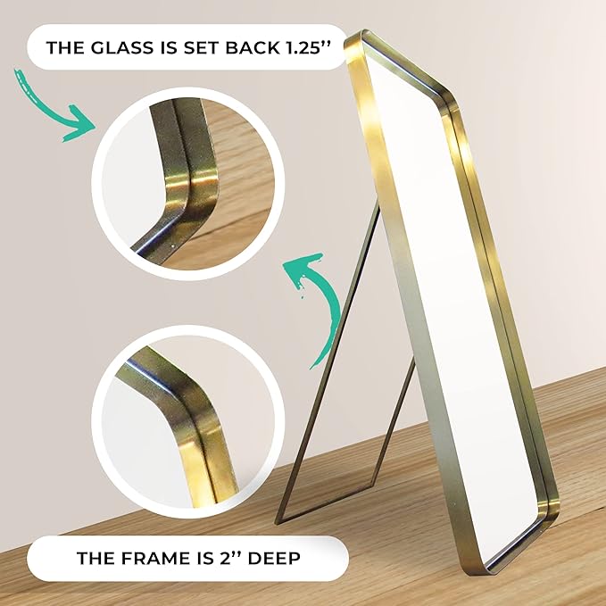 Gold Rectangular Mirror 48 inch Tall | Wall Mounted or Free Standing Floor Mirror | Full Size with Stainless Steel Frame and Rounded Corners | Full Length Mid Century Modern Design by Wall Charmers