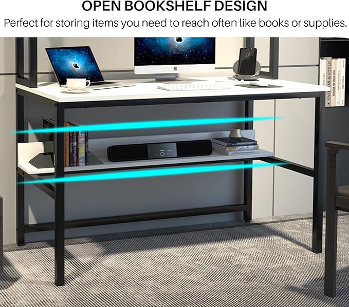 Aquzee Computer Desk, Easy Assembly Gaming Table with Hutch and Shelves, 4 Tiers Desk with Large Wood Desktop, Metal Legs, Ideal for Storage Study Work Writing Homework, White, 55Wx65Hx23.6D Inches