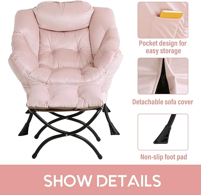 LITA Lazy Chair With Ottoman, Modern Accent Leisure Upholstered Sofa, Contemporary Lounge Reading With Armrests and Side Pocket for Living Room, Bedroom & Small Space, Pink
