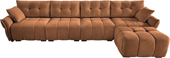 Modern Chenille Fabric 4-Seat Sofa w/Ottoman+2 Pillows, Premium Upholstery Living Room Couch with Tufted Backrest & Comfortable Armrests and High-Resilience Memory Foam Cushions,Orange