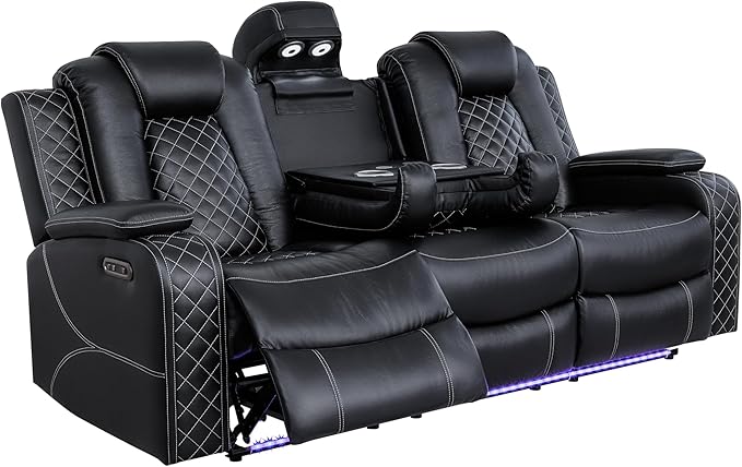 Ball & Cast Power Recliner Sofa Set Leather Reclining Sofa Set Living Room Furniture Set 3PCS Recliner Couch Loveseat and Chair Sets with LED,USB Charging,Cup Holders,Storage Console for Home Theater