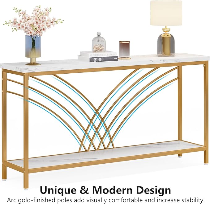Tribesigns 70.9 inch Extra Long Console Table, Faux Marble Entryway Table with 2 Tier Storage Shelf, Narrow Sofa Table Behind Couch, Modern Hallway Accent Table for Living Room, White and Gold