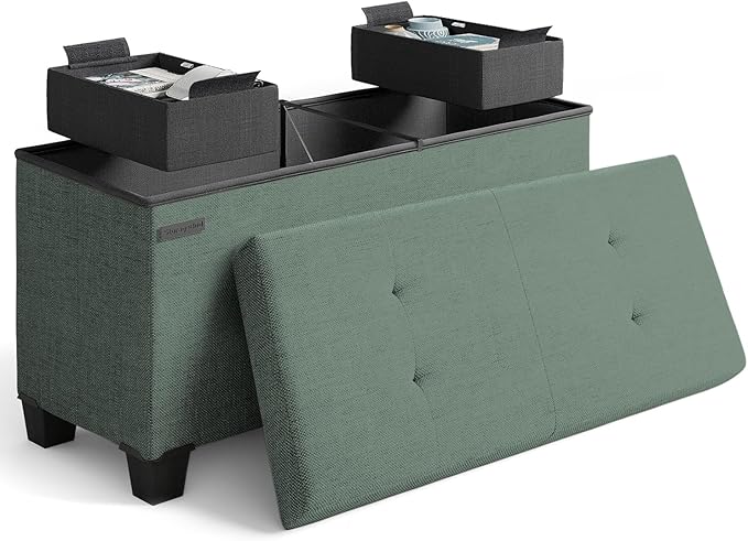 STORAGEBUD Storage Ottoman Bench with Bins, 30-in Storage Bench for Bedroom End of Bed, Folding Foot Rest Ottoman for Living Room Max 660lbs, Fabric Ottomans, Green