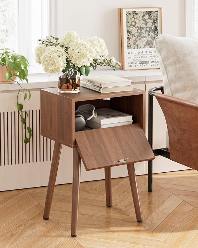 Night Stand, Walnut Nightstand with Fluted Door, Small Modern Mid-Century Bedside Table for Bedroom, End Table for Living Room