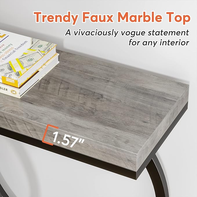 LITTLE TREE 55 inch Faux Marble Gold Console Table Modern Entryway Table Narrow Long Sofa Table Accent Table for Living Room, Grey + Black