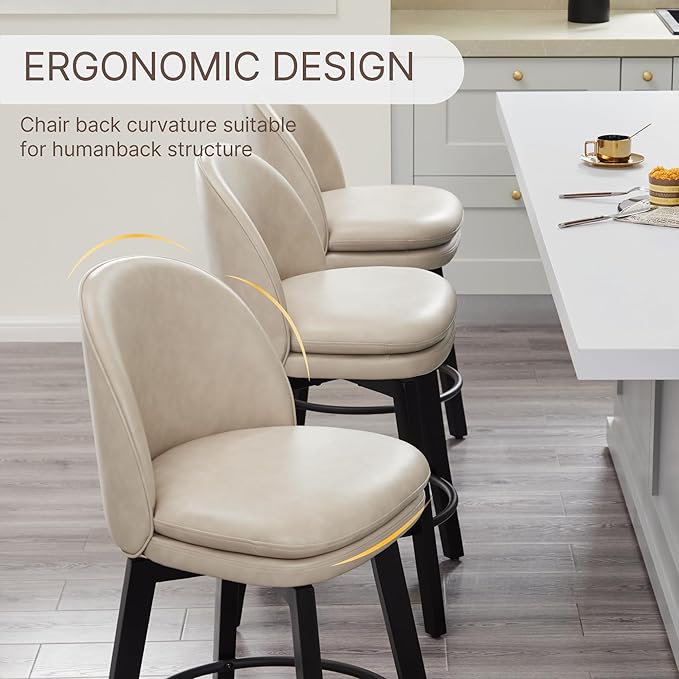 Counter Height Barstools 26 inch Upholstered Swivel Bar Stools with Back and Wood Legs for Kitchen Island,Set of 3,Beige PU Leather-Armless