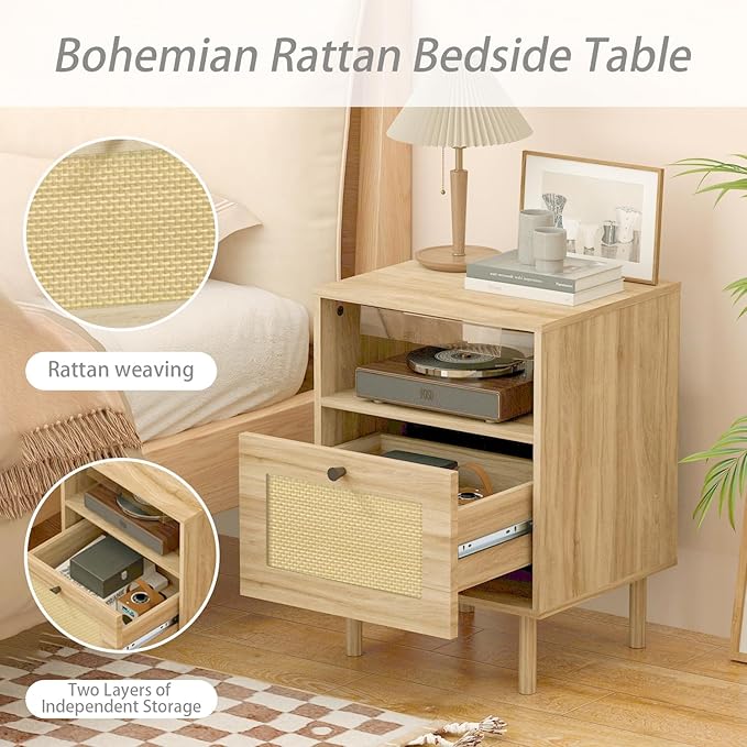 Rattan Nightstand with Storage Boho Modern Farmhouse Bedside Table with Drawer & Open Shelf Light Wood End Table for Bedroom, Living Room, Office, Dorm - Natural Walnut 0ak Color