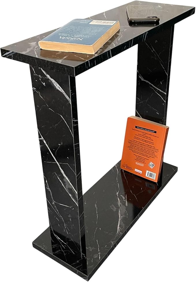 Very Narrow Side Table for Living Room, Small Apartment Space Between Chairs Skinny Table for Recliner, Couch, Armchair, Thin Slim End Table for Living Room, Bedroom, Beverages (Black Marble)