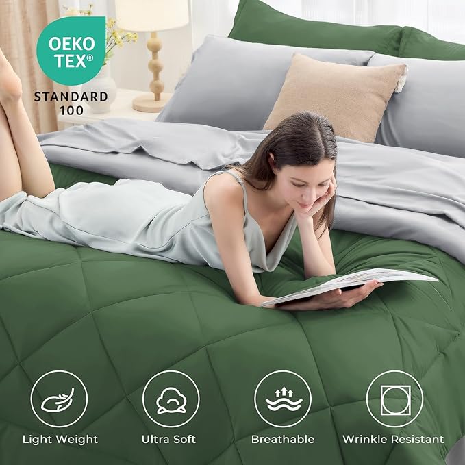 HEVUMYI Twin Comforter Set - 5-Piece All Season Bed in a Bag Twin, Ultra Soft Bedding Set with Comforter, Flat Sheet, Fitted Sheet, Pillowcases, Pillow Shams, Green & Light Grey