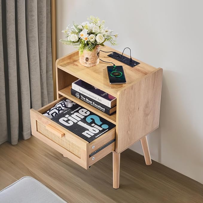 VEVOR Rattan Nightstand, Boho Bedside Table with Drawer Open Shelf, End Table Wooden Nightstand with Solid Wood Legs, Rattan Side Table with Charging Station, for Bedroom