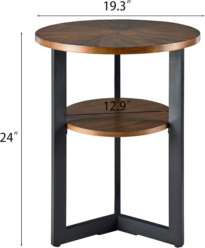 MODERION Small Round End Table with Storage Shelf, Circular Solid Wood Sofa Side Metal Leg, 2-Tier Telephone Table, Nightstand, 24''H x 19.3''D for Living Room Bedroom Entryway Rustic Brown BZ1338NC