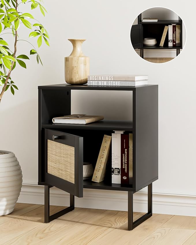 Rattan Nightstand, Mid Century Modern Night Stand,Boho Farmhouse Wood Bedside Table with Storage and Open Shelf, End Side Accent Table for Bedroom,Living Room,Black