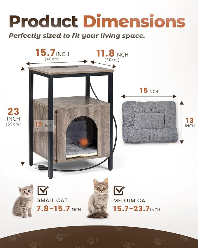 Cat End Table with Charging Station, Indoor Cat House Side Table with Bed, Cat Cave Hideaway Night Stand, Greige