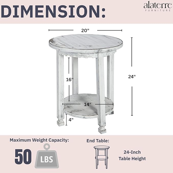 Rustic Cottage Round End Table w/ 1 Shelf, White Antique, 20" x 20" x 24", Farmhouse Style - Unique Accent Piece, Constructed of Select Hardwoods/Composite Wood, End Table w/ Drawer & Shelf