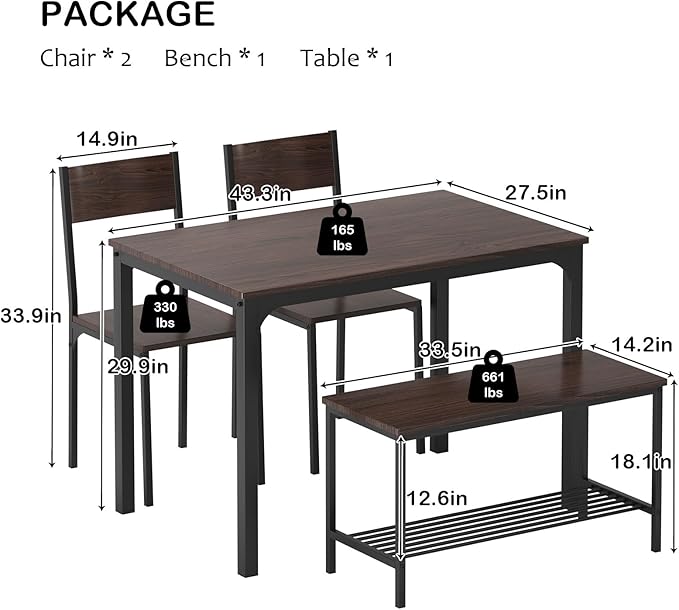 soges 4-Piece Dining Table Set with Bench - 4 Person Kitchen Table and 2 Chairs for Small Spaces, Apartment - Metal Frame & Woodgrain Tabletop, Space-Saving Design, Durable & Easy to Clean, Dark Oak