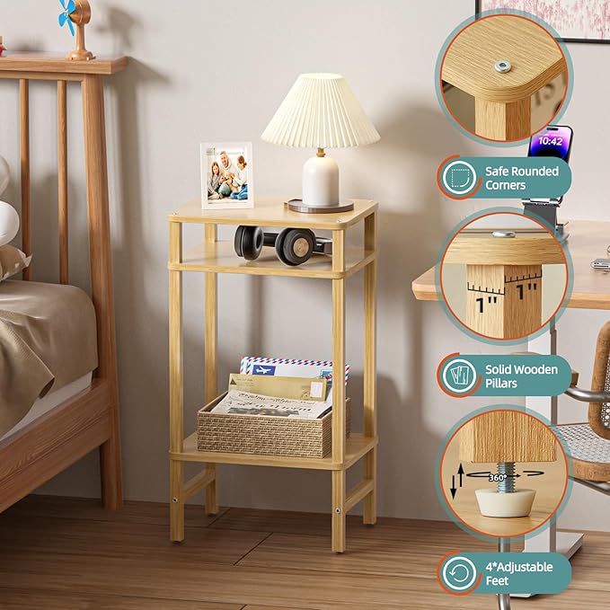 28in Tall Bamboo Side Table Set of 2, 3-Tier Small Narrow End Table for Couch, Skinny Nightstand for Small Space, Farmhouse Slim Night Stand with Storage, Wooden Thin Bedside Table, Natural