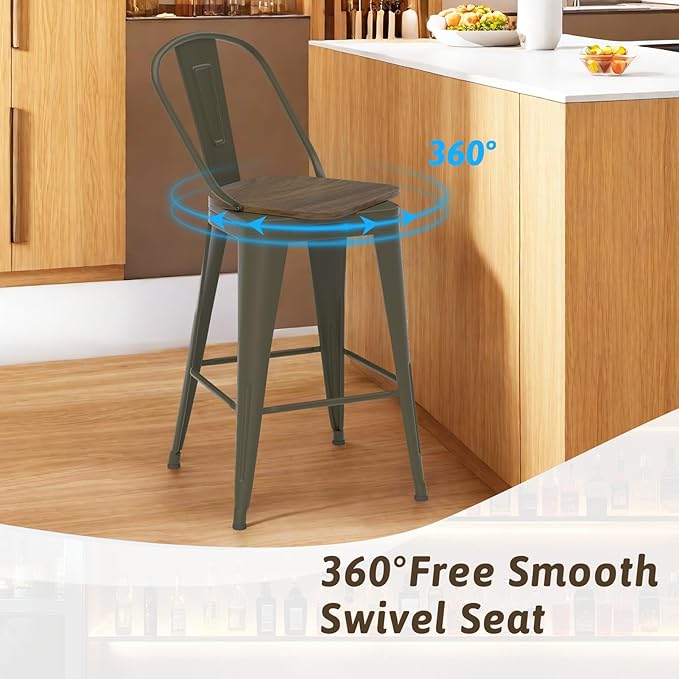 26” Swivel Bar Stools Set of 4, Counter Height Bar Stools Wooden Seat, Metal Industrial Bar Chairs with High Back for Kitchen Island (Rusty)