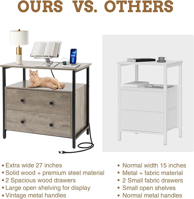 27 inch Wide Nightstand with Charging Station, Bedside Table with Open Shelf, 2 Drawers Small Wood Dresser, End Side Table for Bedroom (Rustic Gray)