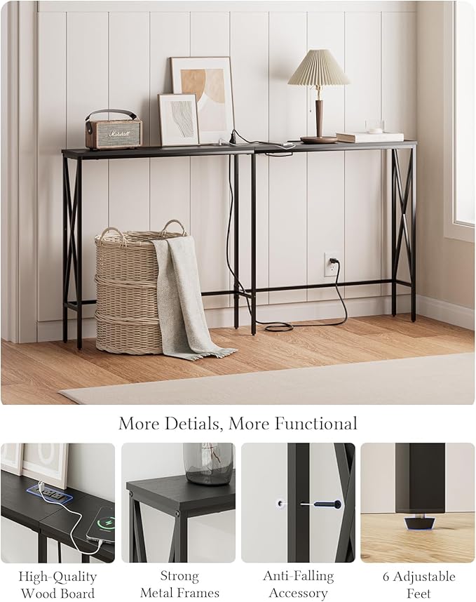 Masupu 63" Console Table with Power Outlet, Modern Narrow Long Sofa Table Behind Couch, Skinny Entry Table, Industrial Sofa Table with Metal Frame for Hallway, Living Room, Classic Black