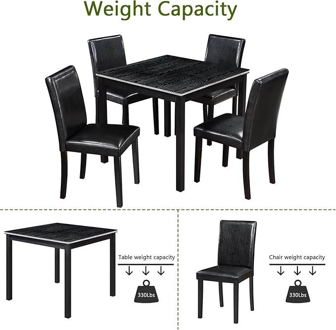 KEIKI 5-Piece Standard Height Dining Table Set with Square Table and 4 Upholstered Chair, for 4 Person, Classic Crystal Decoration Wood Table Set, Easy Assembly, for Kitchen, Dining Room, Black
