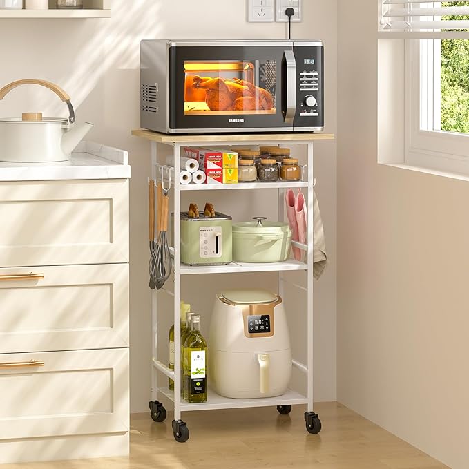 Rolling Kitchen Microwave Cart, 4 Tier Microwave Table Stand with Storage, Kitchen Storage Rack on Wheels, Coffee Station Cart Rack Shelf Organizer for Living Room Office, Balcony