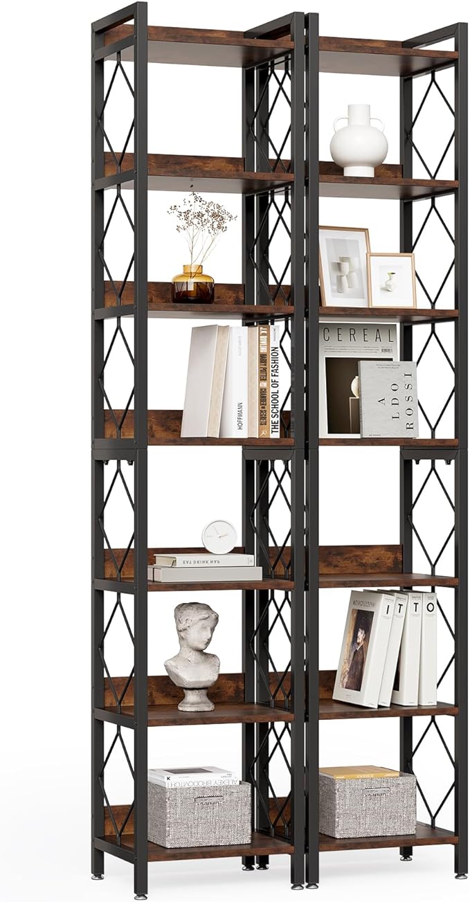 LITTLE TREE Book Shelf Set of 2, 7-Tier Tall Bookcase, Wooden Display Shelves with Metal Frame for Living Room, Modern Narrow Standing Bookshelves for Bedroom, Brown Office Shelf for Small Spaces