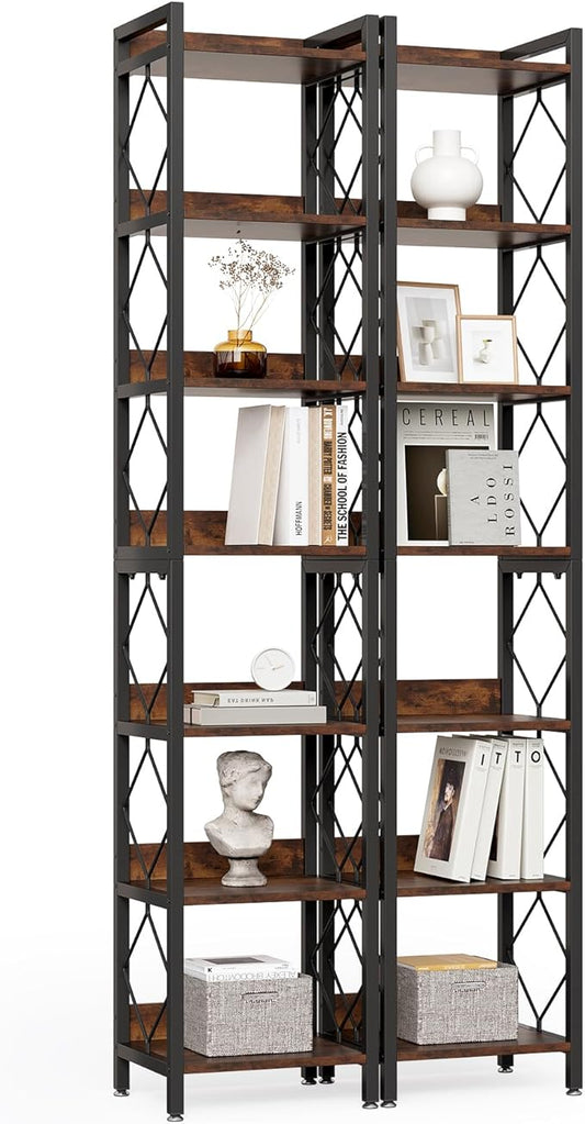LITTLE TREE Book Shelf Set of 2, 7-Tier Tall Bookcase, Wooden Display Shelves with Metal Frame for Living Room, Modern Narrow Standing Bookshelves for Bedroom, Brown Office Shelf for Small Spaces