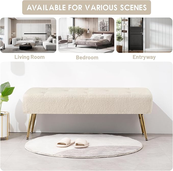 Furniliving 44 Inch Modern Ottoman Bench, Upholstered Faux Fur Fabric Entryway Benches with Gold Metal Frame for Living Room Vintage Indoor Benches End Bed Bench Footrest Ottoman (IvoryWhite)