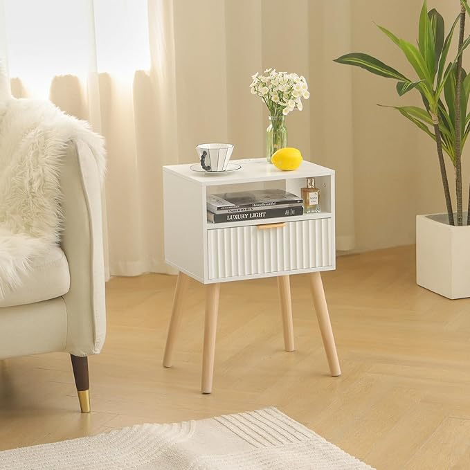 White Nightstand with Charging Station, Modern Bedside Table with Drawer and Solid Wood Legs, Fluted End Side Table for Bedroom, Dorm and Small Space (White)