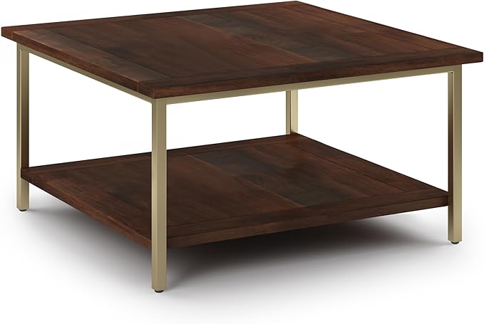 SIMPLIHOME Skyler SOLID MANGO WOOD and Metal 34 inch Wide Square Industrial Coffee Table in Dark Brown / Gold for the Living Room and Family Room