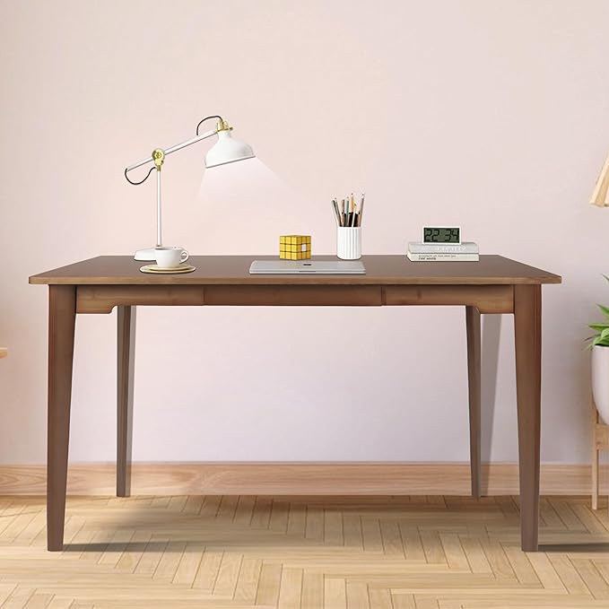 47" Bamboo Computer Desk Study Desk Home Office Desk Writing Table with Drawer, Modern Study Solid Bamboo Multipurpose Table, for Living Room, Bedroom, Walnut Color