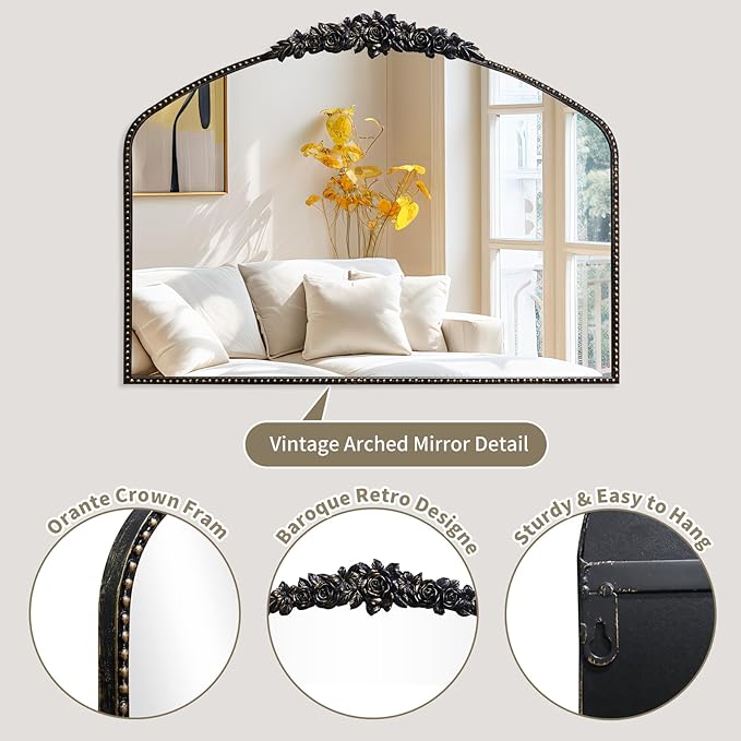 Black Brushed Gold Antique Mirror, 40"x31", Traditional Vintage Mirror with Ornate Metal Frame, Baroque Style for Fireplace, Entryway, Bathroom, Living Room, Hallway