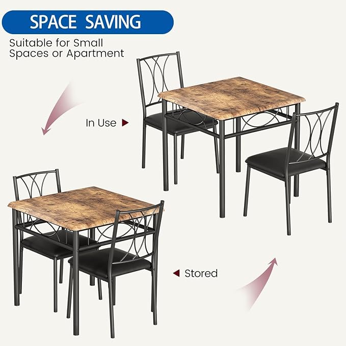 IDEALHOUSE Dining Table Set for 2, Square 3 Piece Kitchen Room Sets with 2 Upholstered Chairs, Compact Dining Room Table Set for Apartment, Small Space, Retro Brown